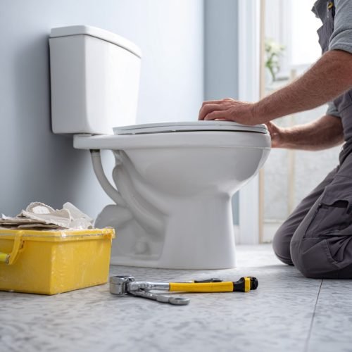 A bathroom scene with a new toilet being positioned. A technician’s hands guide it into place, while a wrench and wax ring package sit nearby. Clean, bright lighting. --v 7 Job ID: 67daaccf-2fae-4abf-861f-4ba1cc09d171