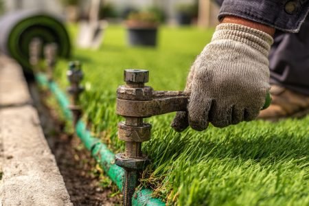 A green lawn with exposed sprinkler pipes and heads being installed. A worker’s gloved hands are adjusting a sprinkler head with a wrench. Background shows rolled turf and a shovel. --v 7 Job ID: f8efee61-47a8-4a90-b497-a313bf58bcad