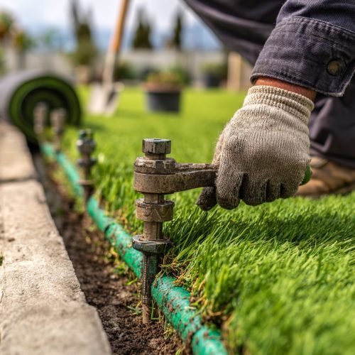 A green lawn with exposed sprinkler pipes and heads being installed. A worker’s gloved hands are adjusting a sprinkler head with a wrench. Background shows rolled turf and a shovel. --v 7 Job ID: f8efee61-47a8-4a90-b497-a313bf58bcad
