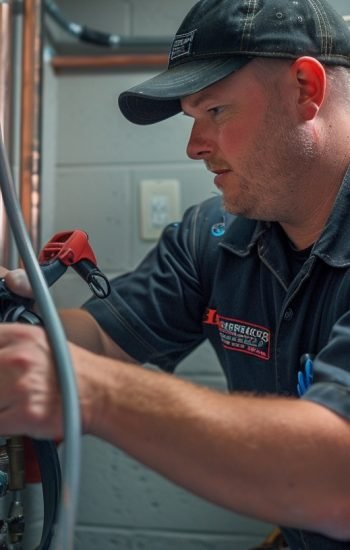 A skilled plumber working on repiping in a small commercial building, with copper and galvanized pipes, unclogging drain equipment nearby, showcasing professionalism and reliability. Modern clean workspace, customer-focused atmosphere, cinematic lighting, realistic, high-quality marketing photo, DSLR shot --ar 16:9 --v 6 Job ID: 14605d53-355d-4bf7-b4bb-950f47910e01