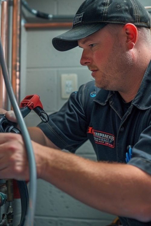 A skilled plumber working on repiping in a small commercial building, with copper and galvanized pipes, unclogging drain equipment nearby, showcasing professionalism and reliability. Modern clean workspace, customer-focused atmosphere, cinematic lighting, realistic, high-quality marketing photo, DSLR shot --ar 16:9 --v 6 Job ID: 14605d53-355d-4bf7-b4bb-950f47910e01