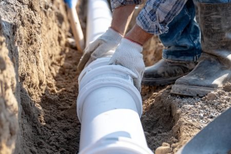 A trench with newly laid large PVC water pipes. A worker’s boots and gloved hands are visible while positioning a pipe joint. Shovel and pipe-cutting tools are nearby. Natural outdoor light. --v 7 Job ID: 95073abe-c732-4ada-adbb-31f6c250c8db