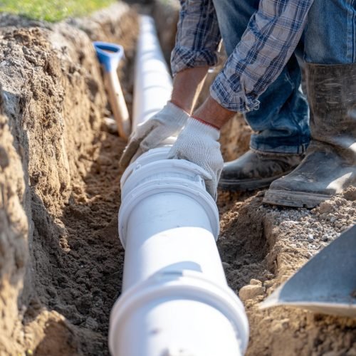 A trench with newly laid large PVC water pipes. A worker’s boots and gloved hands are visible while positioning a pipe joint. Shovel and pipe-cutting tools are nearby. Natural outdoor light. --v 7 Job ID: 95073abe-c732-4ada-adbb-31f6c250c8db
