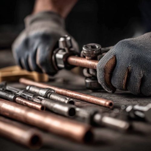 professional plumbing scene, close-up of plumber’s gloved hands tightening copper pipes with a wrench, modern plumbing tools neatly arranged, clean workshop background, subtle depth of field, realistic lighting, cinematic detail, professional editorial photography, no text, no logos, no full faces --v 7 Job ID: a16ff330-b90a-451a-afe4-2fb2f391b684